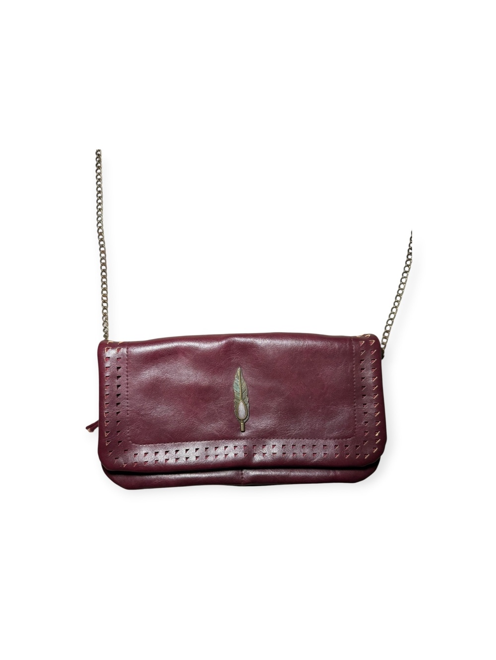 Crossbody Purse Chain Burgundy Red Faux Leather with Feather detailing Bronze GC